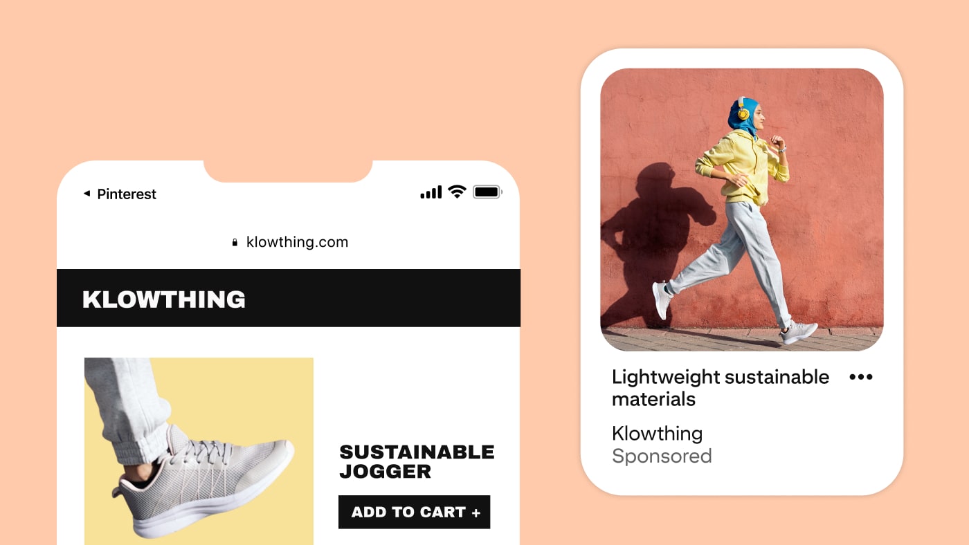 Two mobile screens show the connection from someone viewing sustainable joggers on a brand's website to that brand targeting the jogger on Pinterest. 
