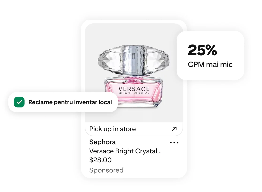 O sticlă de parfum Versace Bright Crystal cu etichete CPM-uri cu 25% mai mici și Reclame pentru inventar local și un link pentru ridicarea comenzii din magazin