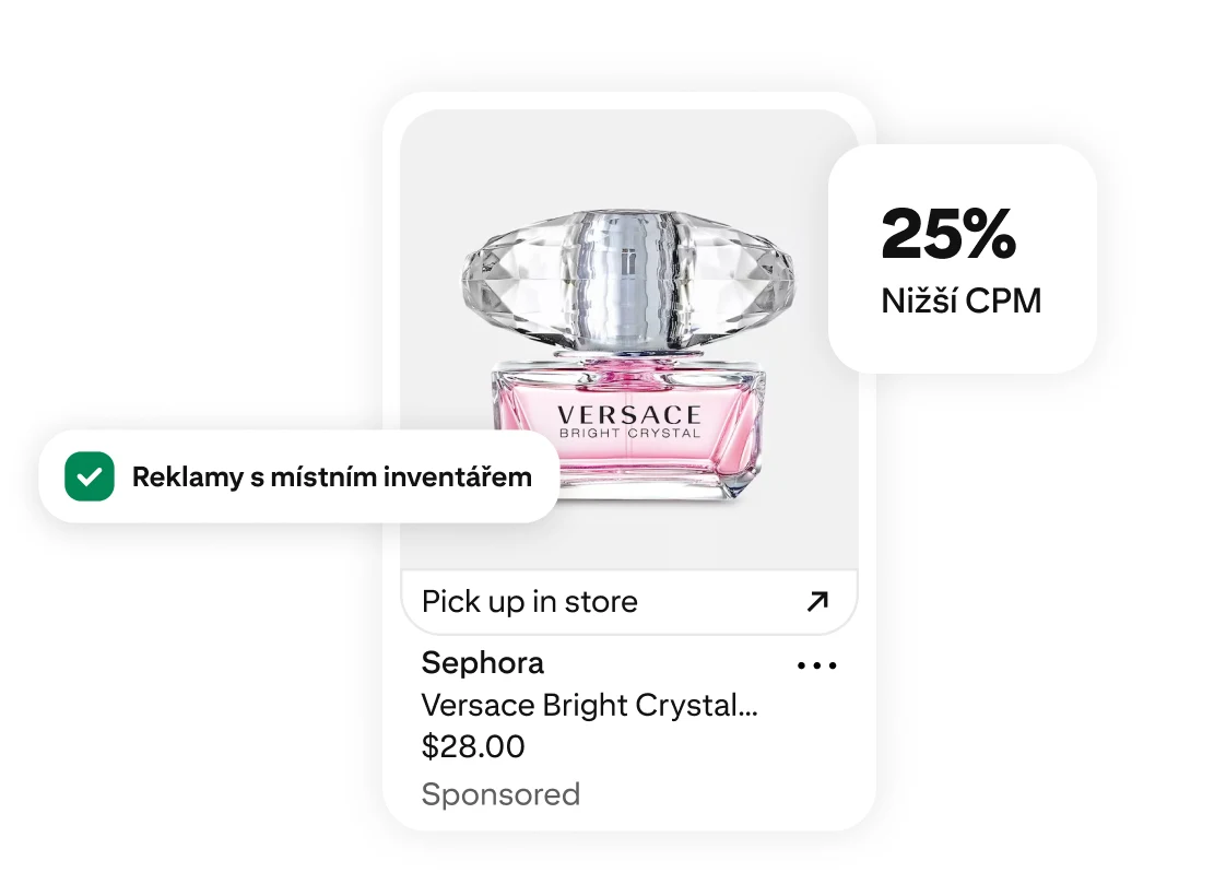 Lahvička parfému Versace Bright Crystal se štítky O 25 % nižší CPM a Reklamy s místním inventářem a odkazem na vyzvednutí v obchodě
