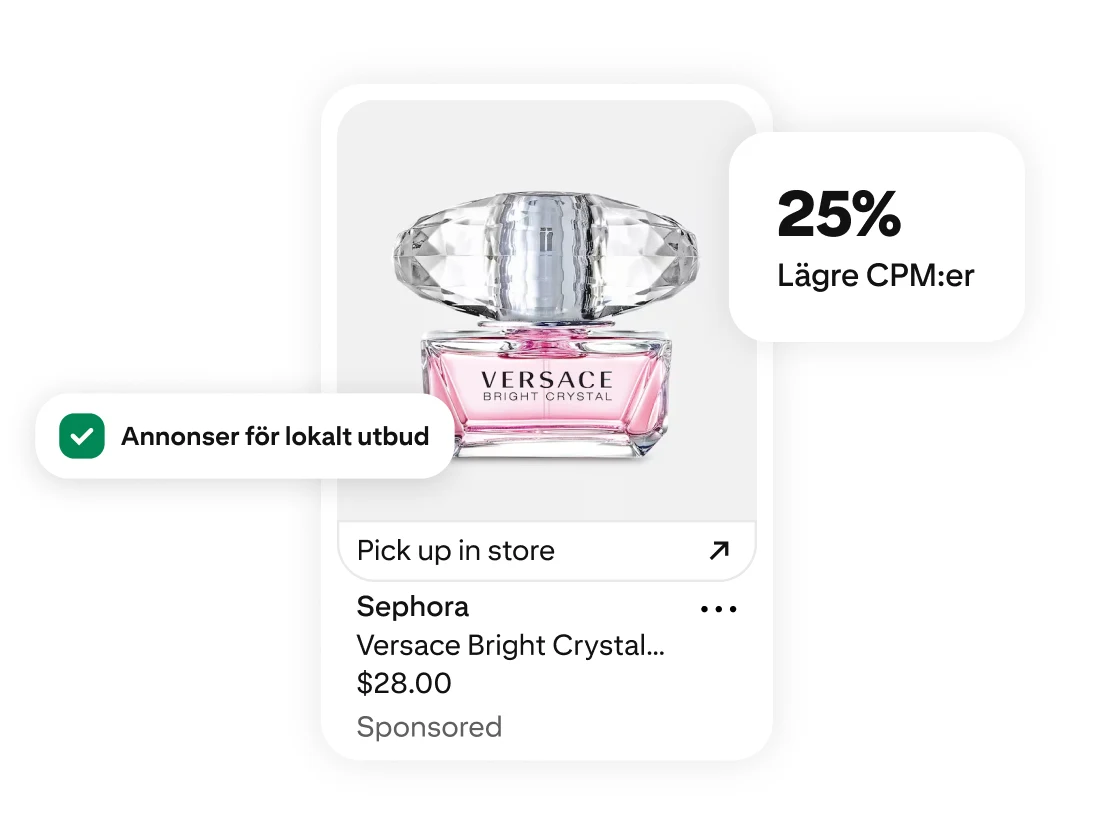 En Versace Bright Crystal-parfymflaska med etiketterna 25 % lägre CPM:er och annonser för lokalt utbud samt en länk för att hämta i butik