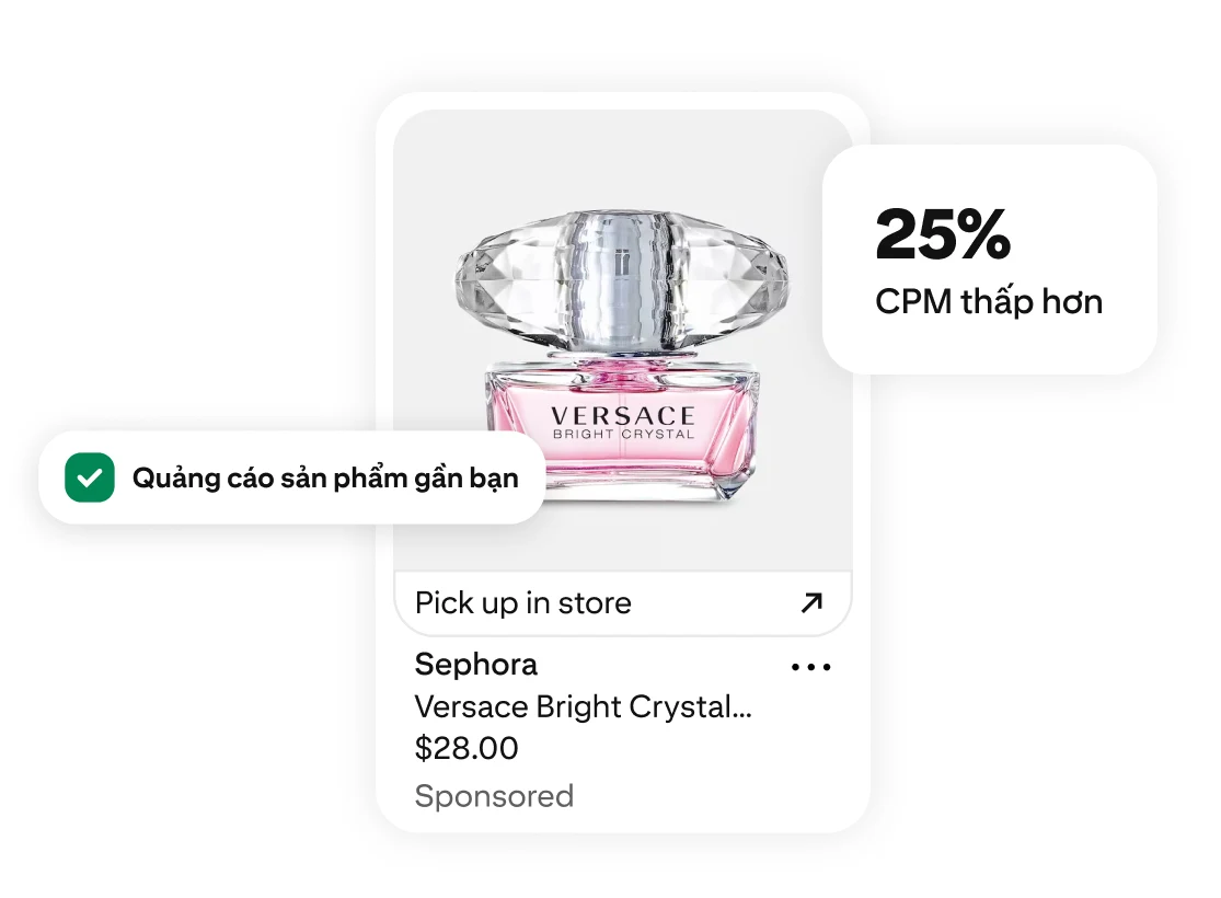 Chai nước hoa Versace Bright Crystal có nhãn CPM giảm 25% và nhãn Quảng cáo sản phẩm có sẵn lân cận cùng liên kết lấy hàng tại cửa hàng