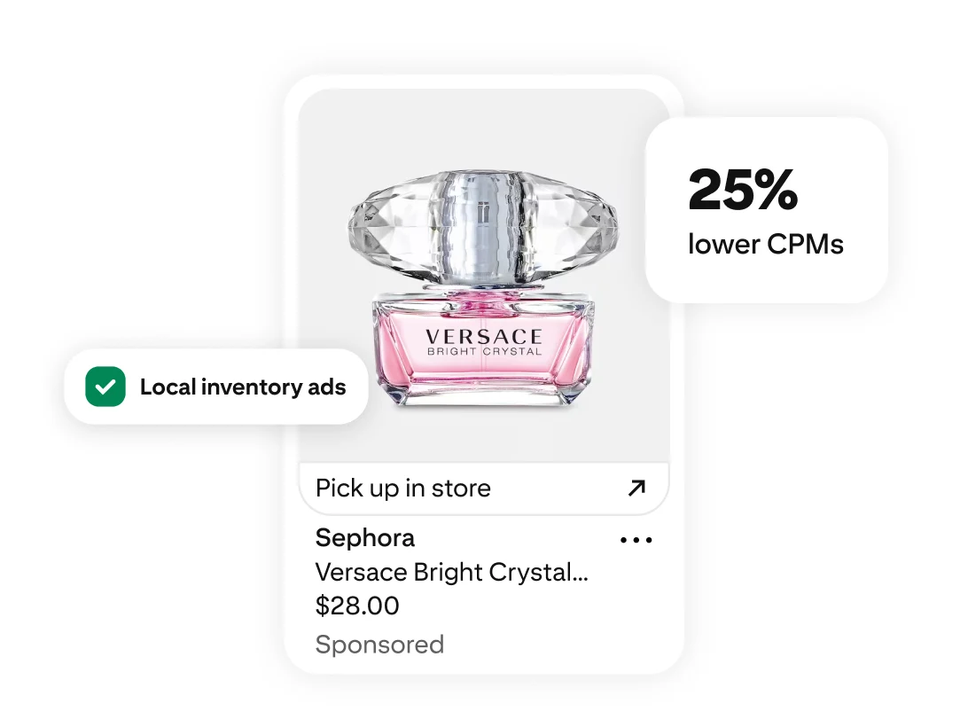 A Versace Bright Crystal perfume bottle with ‘25% lower CPMs’ and ‘Local inventory ads’ labels and a ‘pick up in store’ link