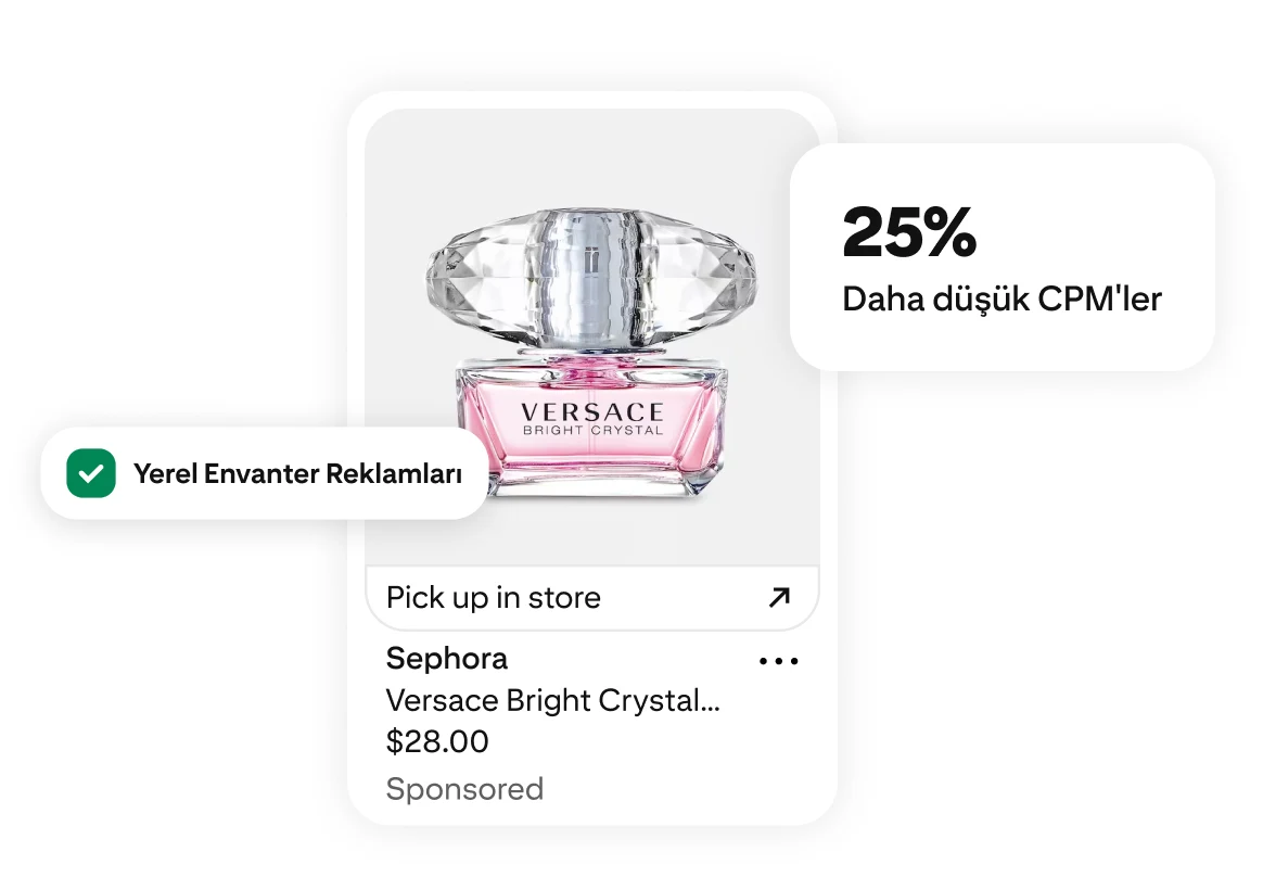 Üzerinde %25 daha düşük CPM'ler ve Yerel Envanter Reklamları etiketleri bulunan ve mağazadan teslim alma bağlantısı içeren bir Versace Bright Crystal parfüm şişesi