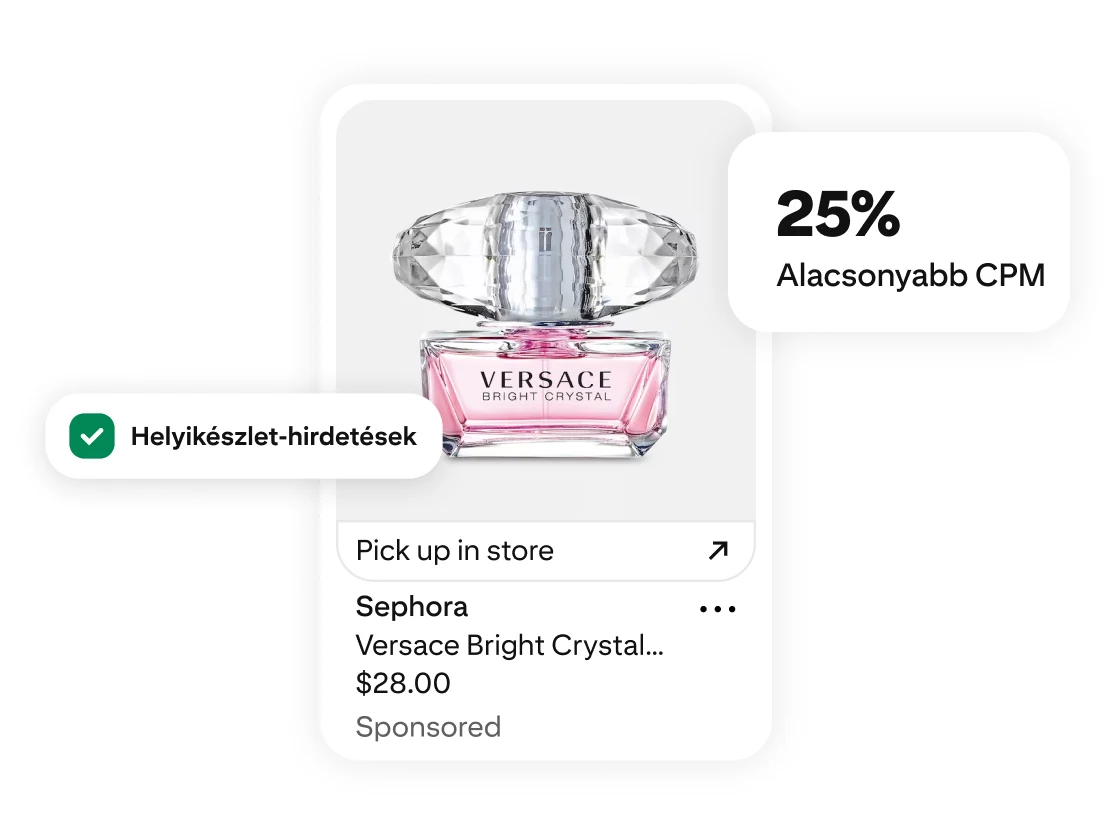 Egy Versace Bright Crystal parfümös üveg, „25%-kal alacsonyabb CPM-ek” és „helyikészlet-hirdetések” címkékkel, valamint bolti vásárlási linkkel