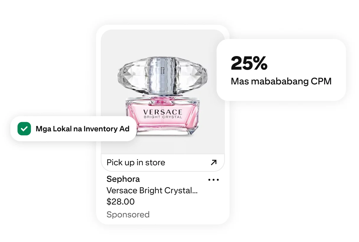 Isang bote ng pabango na Versace Bright Crystal na may 25% Mas Mababang CPM at mga label ng Mga Lokal na Inventory Ad at link para sa pagkuha sa store