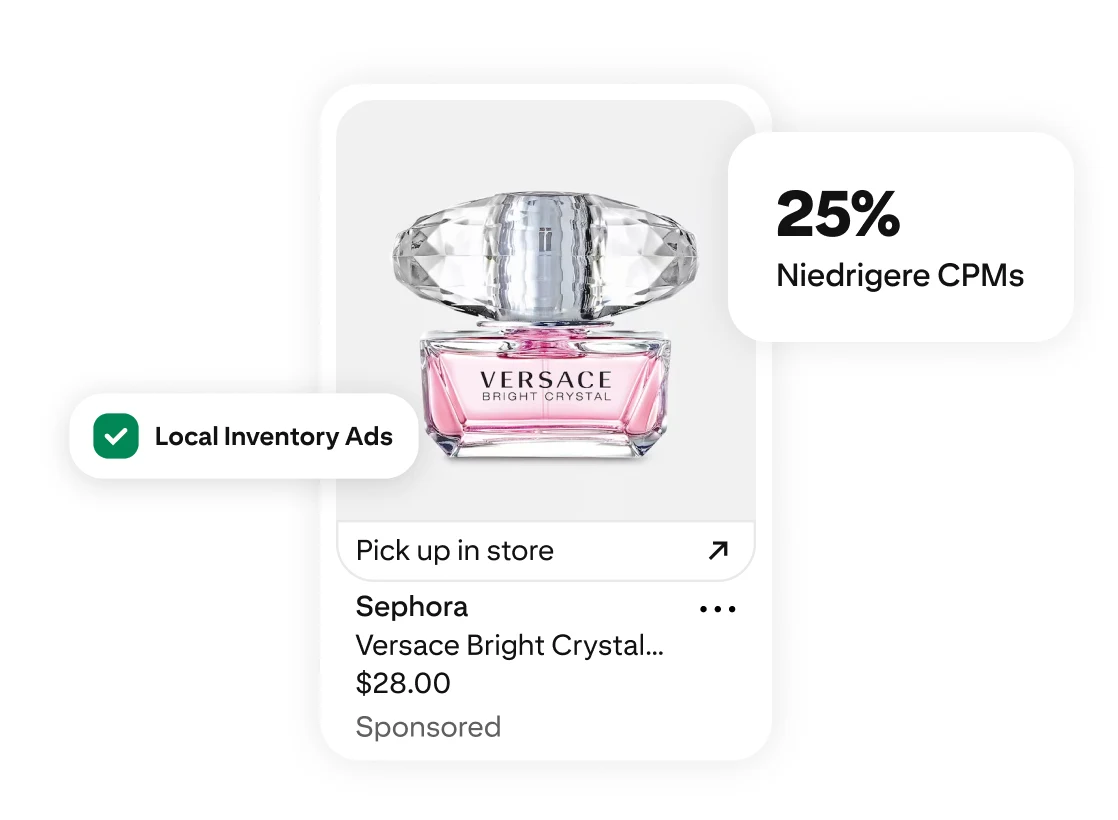 Ein Flakon des Versace-Parfüms Bright Crystal mit den Labels „25 % niedrigere CPM“ und „Local Inventory Ads“ sowie einem Link „In Filiale abholen“.