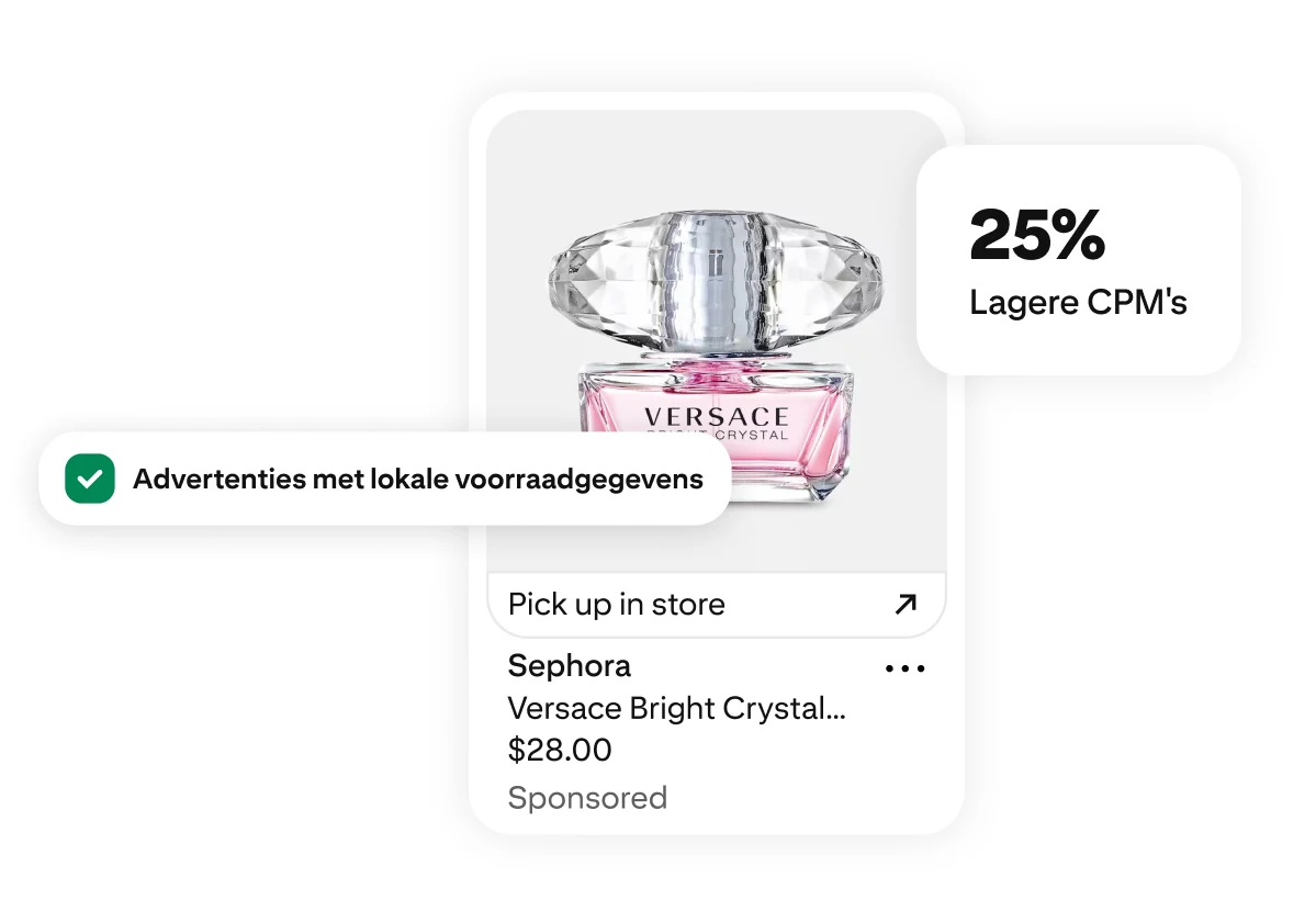 Een parfumflesje van Versace Bright Crystal met labels voor 25% lagere CPM's en advertenties met lokale voorraadgegevens, plus een link om het product in de winkel af te halen