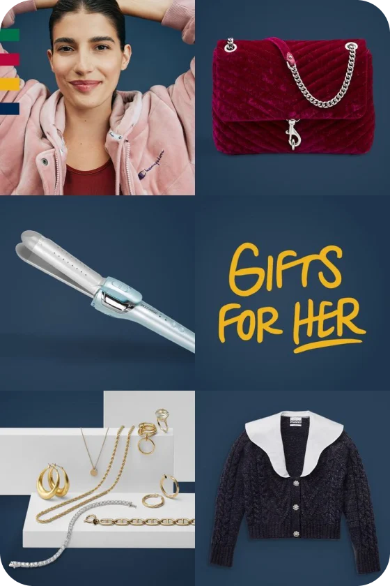 Close up of a women and multiple gift ideas for her, including a purse, coat, jewelry and hair straightener.