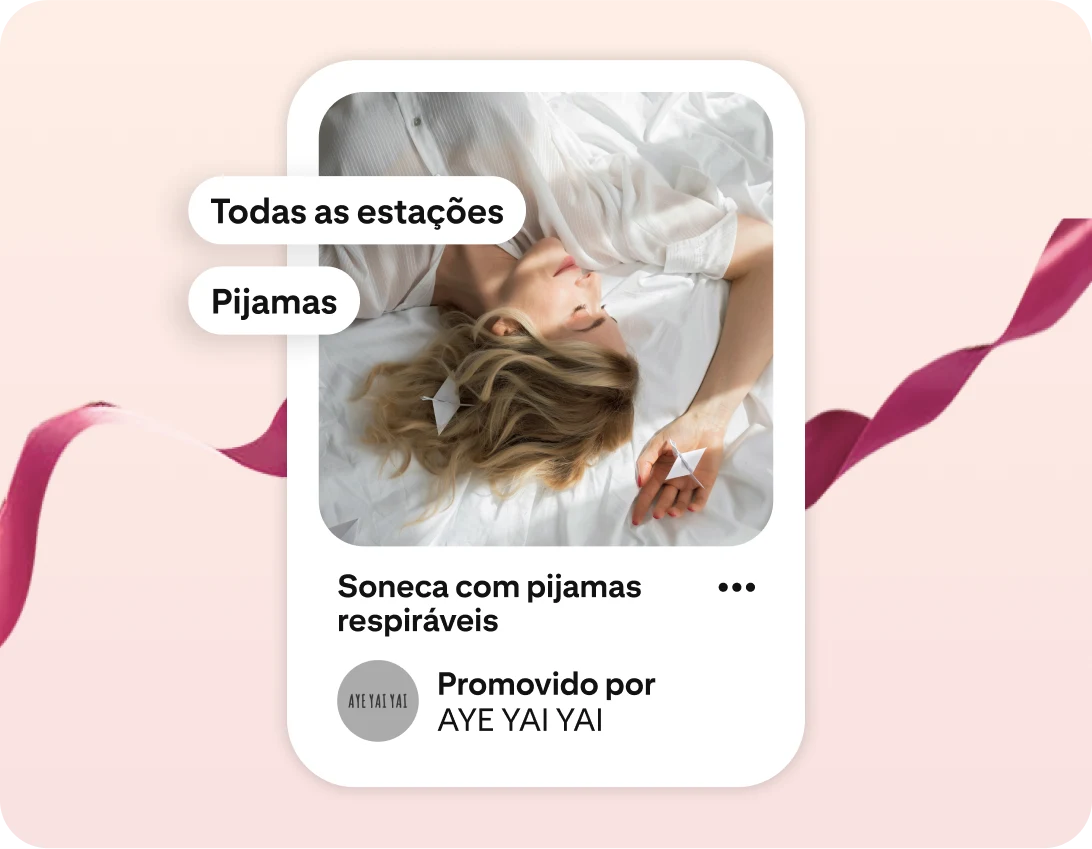 Um anúncio de pijamas mostra uma mulher descansando na cama, ao lado das palavras-chave "Todas as estações" e "Pijamas".