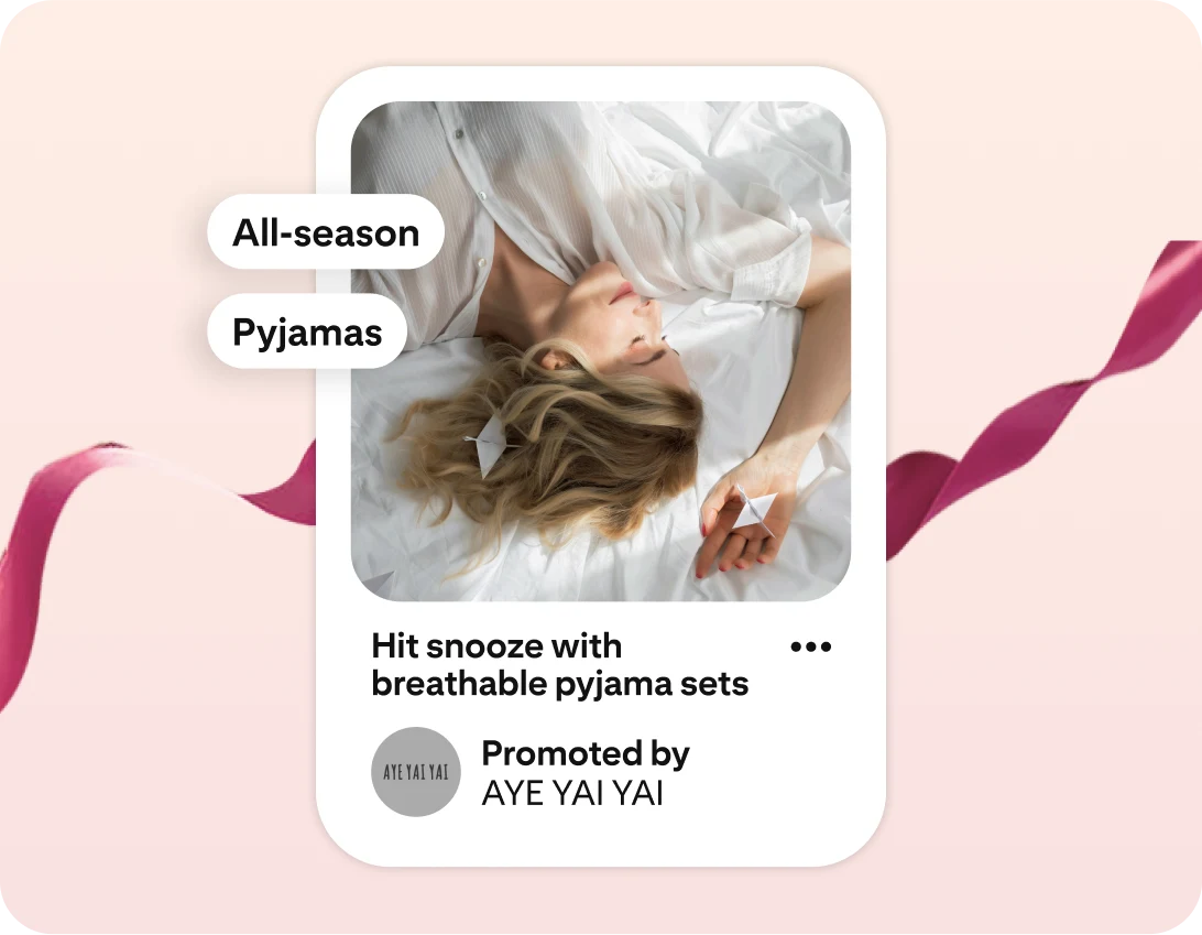 An ad for pyjamas highlights a woman lounging in bed, next to keywords like “All-season” and “Pyjamas”.