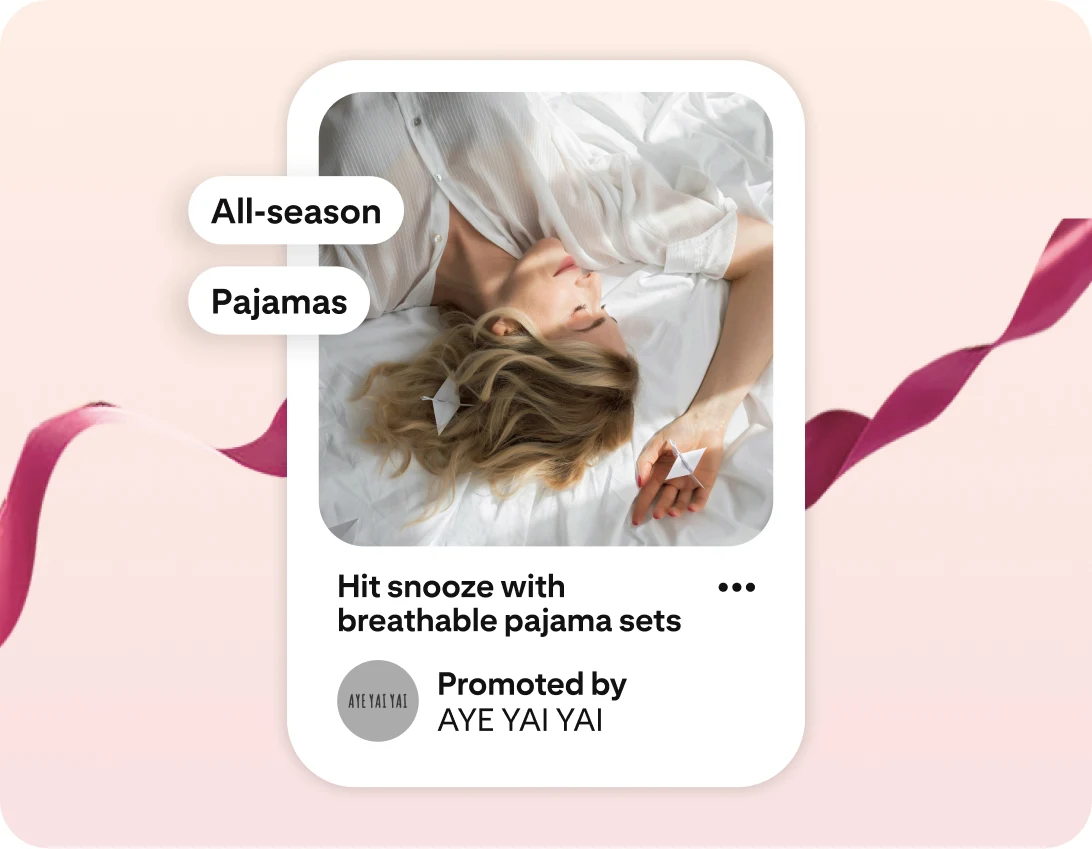 An ad for pajamas highlights a woman lounging in bed, next to keywords like “All-Season” and “Pajamas”.