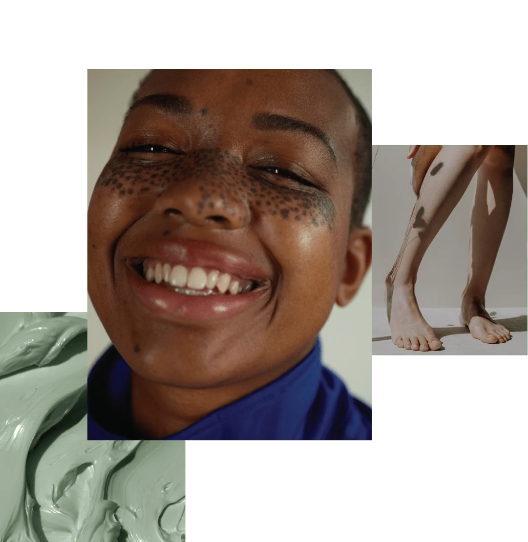 Image cluster featuring: close up of green-colored hydrating face mask, young woman with freckles smiling into the camera, woman scrubbing her legs with an exfoliating sponge.