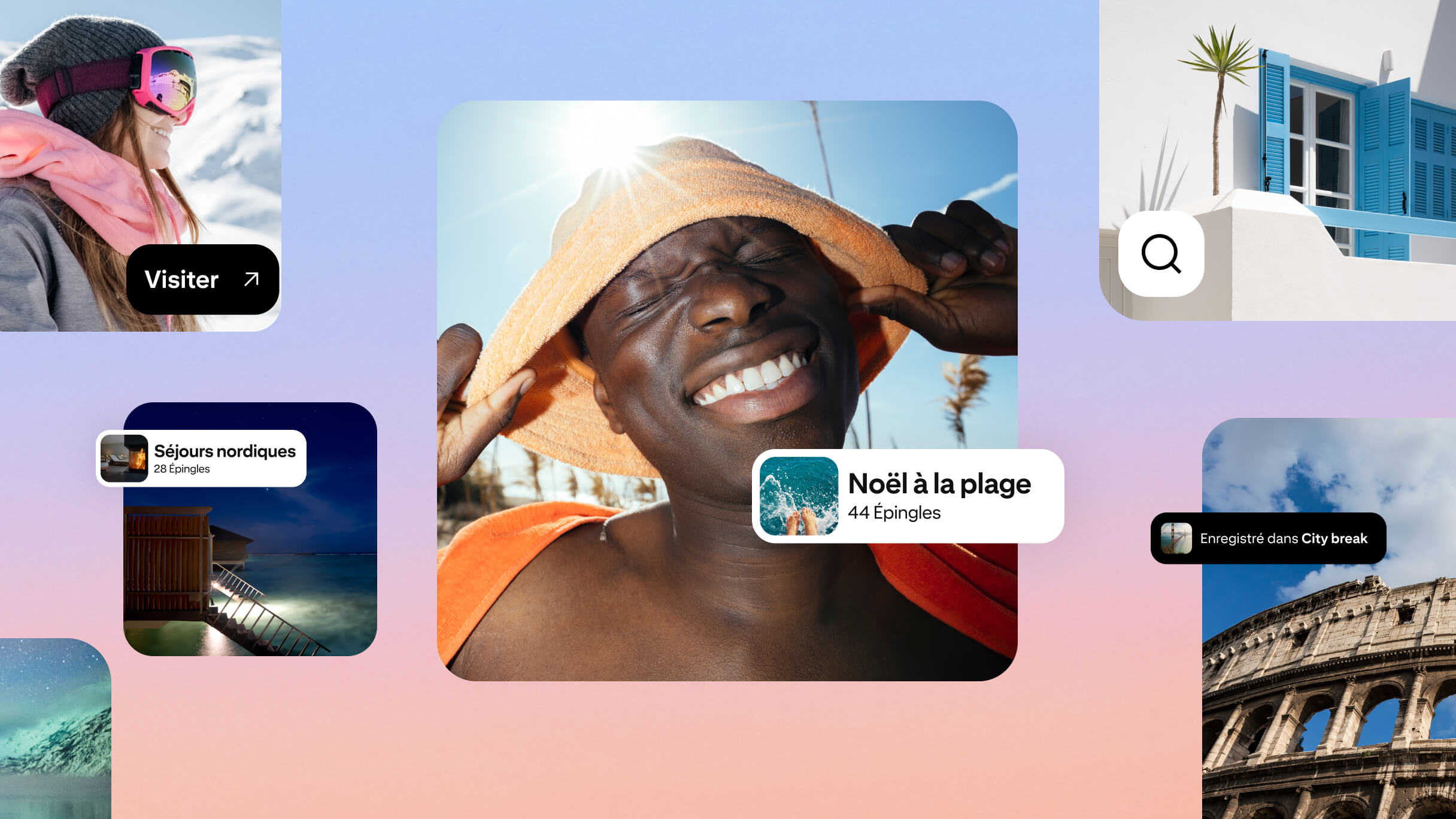 Collage Pinterest d’Épingles et de tableaux de voyage (vacances à la plage, séjours nordiques et escapades citadines) illustrant la planification, les enregistrements et la découverte de voyages.