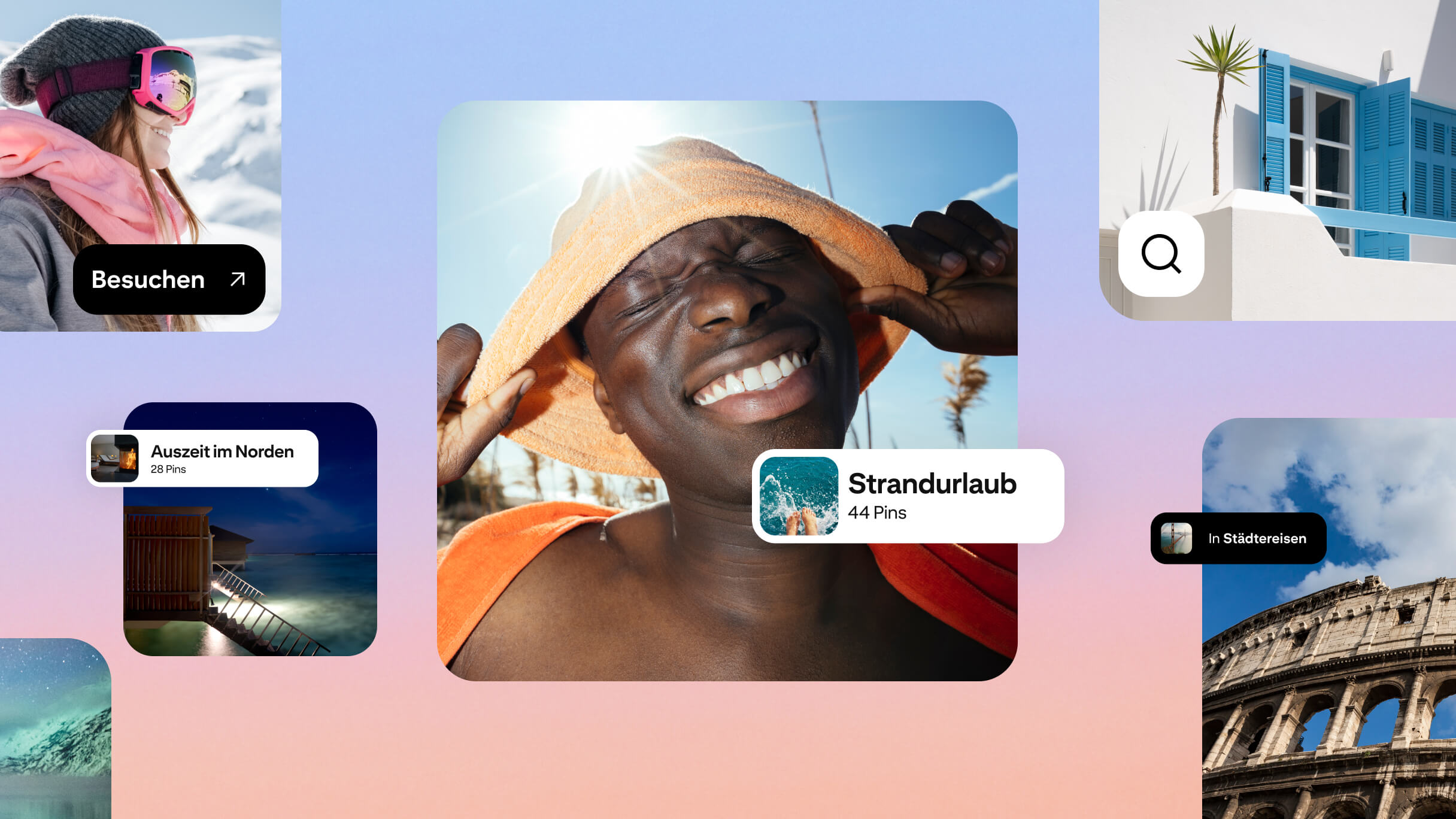 Pinterest-Collage mit Reise-Pins und -Pinnwänden (Strandurlaub, Auszeiten im Norden und Städtereisen), die das Planen, Merken und Entdecken beim Reisen veranschaulichen.