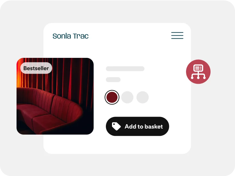 A merchant uses an integration to add existing products to their Pinterest account, including a red sofa. 