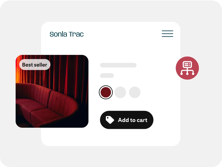 A merchant uses an integration to add existing products to their Pinterest account, including a red sofa. 