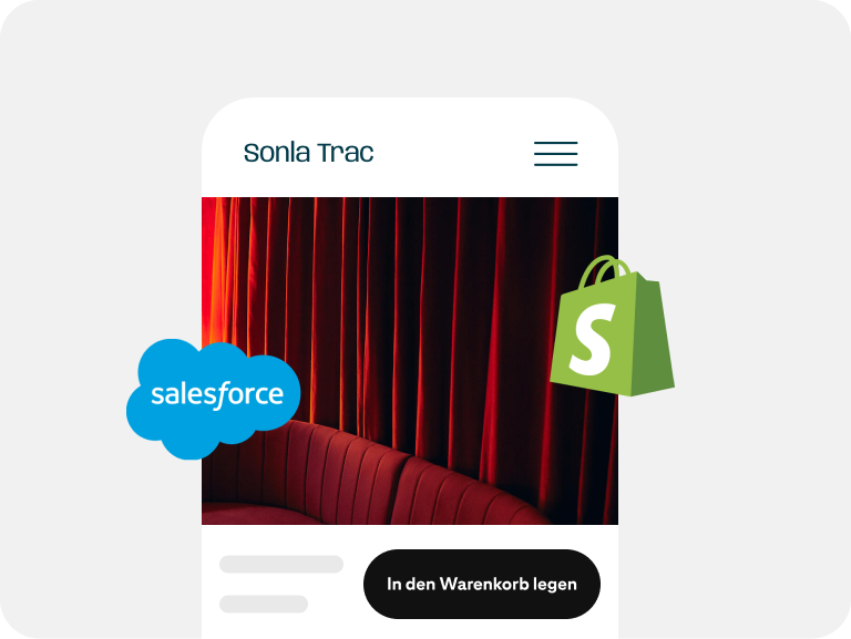 Eine Anzeige für ein rotes Sofa ist von den Salesforce- und Shopify-Logos umgeben.