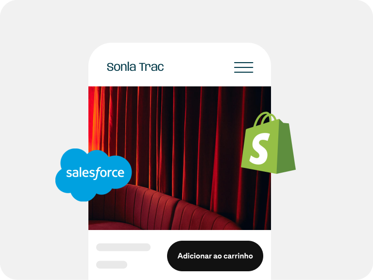 Anúncio de um sofá vermelho com logotipos da Salesforce e da Shopify em volta do anúncio.