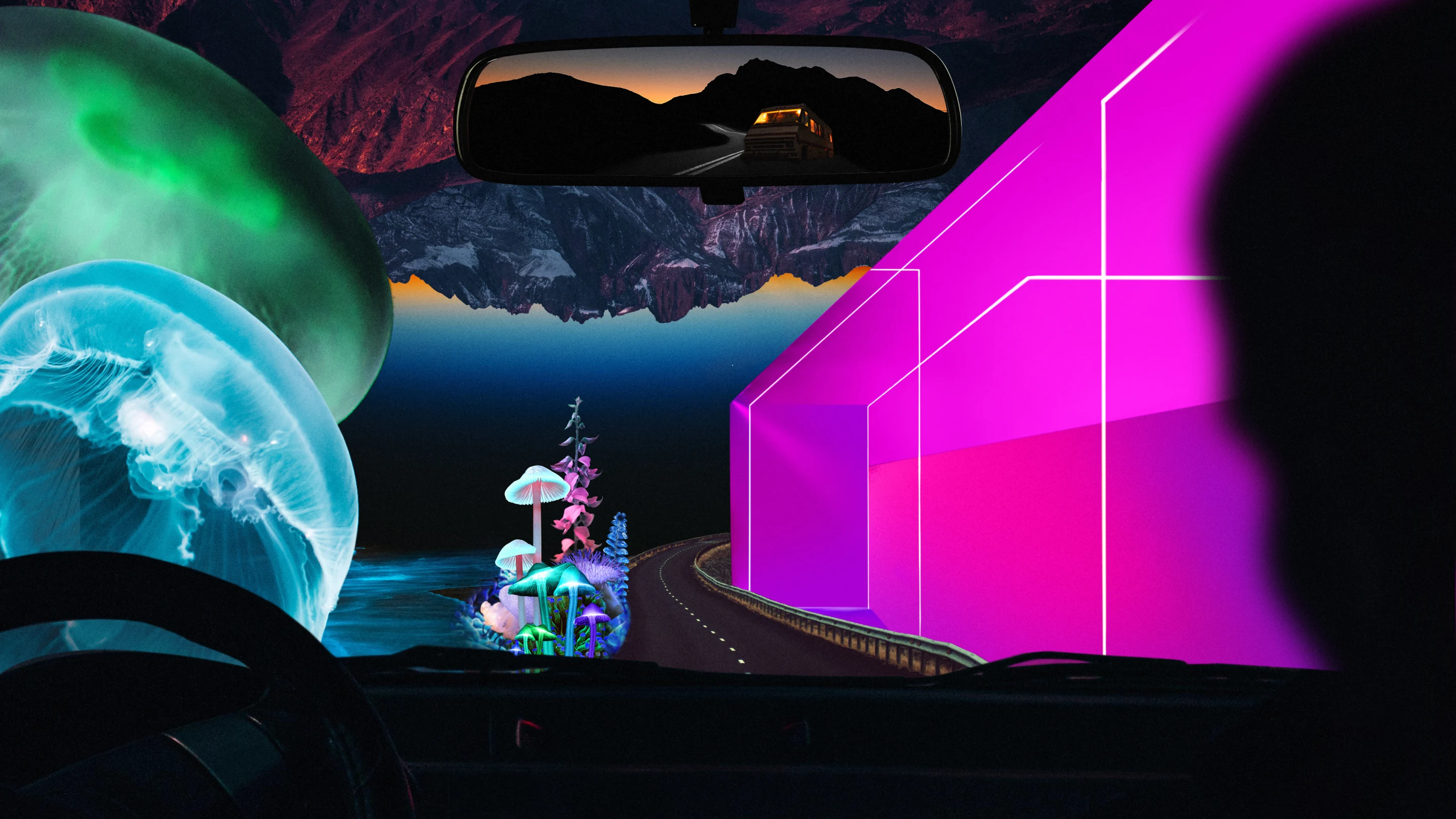 Vibrant collage seen through a car windshield. Large jellyfish on the left, neon pink geometric shape on the right, with dark mountain formations and large cartoon mushrooms in the distance.