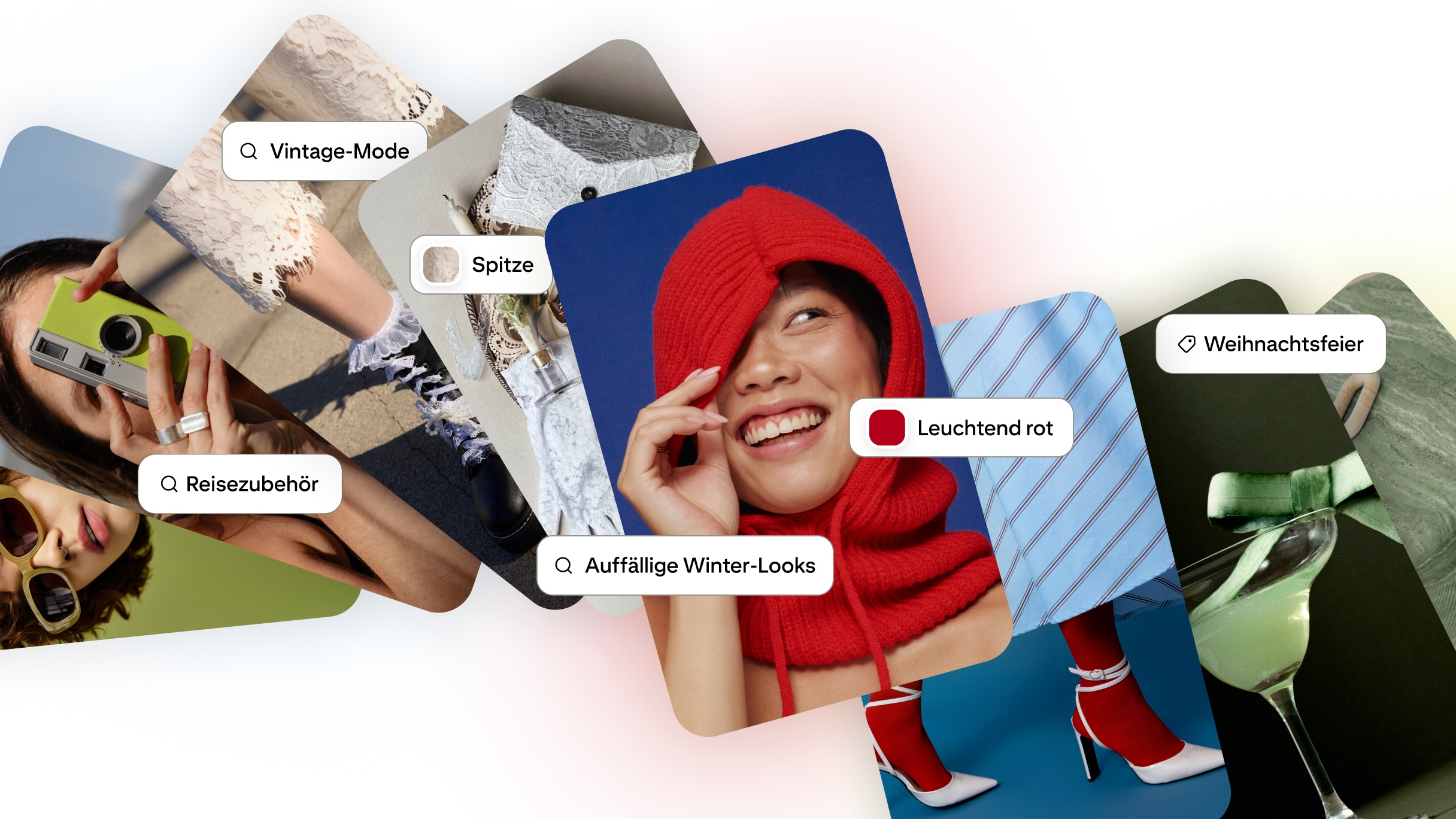 Pinterest-Collage mit Mode-Inspirationen: Vintage-Spitze, Reiseaccessoires, eine leuchtend rote Strickkapuze und ein Schal, ein blau gestreiftes Outfit, rote Schuhe und ein grüner Weihnachtscocktail.