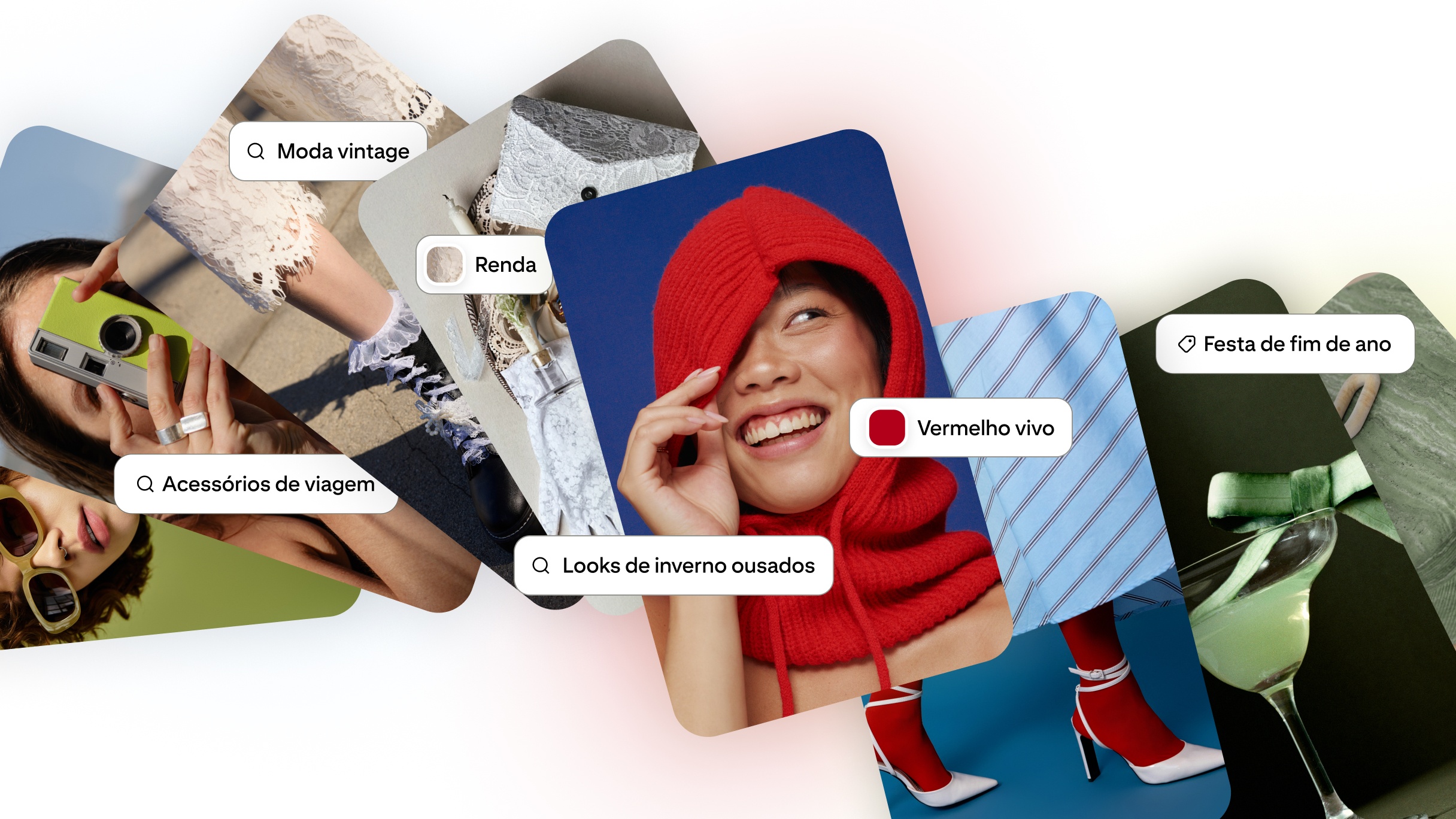 Colagem de inspiração de moda no Pinterest com renda vintage, acessórios de viagem, balaclava de tricô vermelho vivo, conjunto listrado azul, sapatos com meia vermelha e coquetel verde para festa de fim de ano.