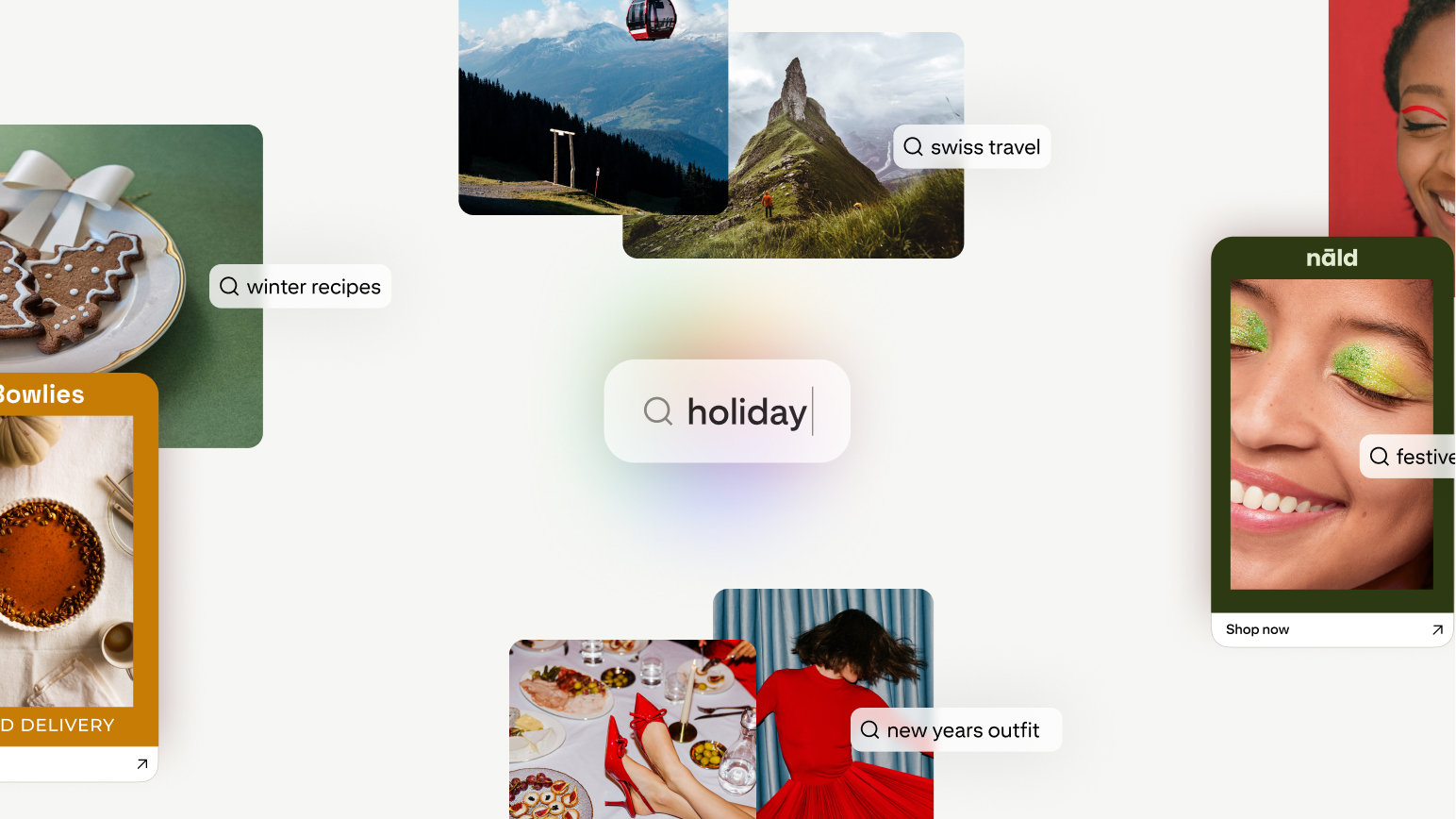 Collage of holiday search ideas including winter recipes, Swiss travel, festive makeup, and New Year’s outfits.
