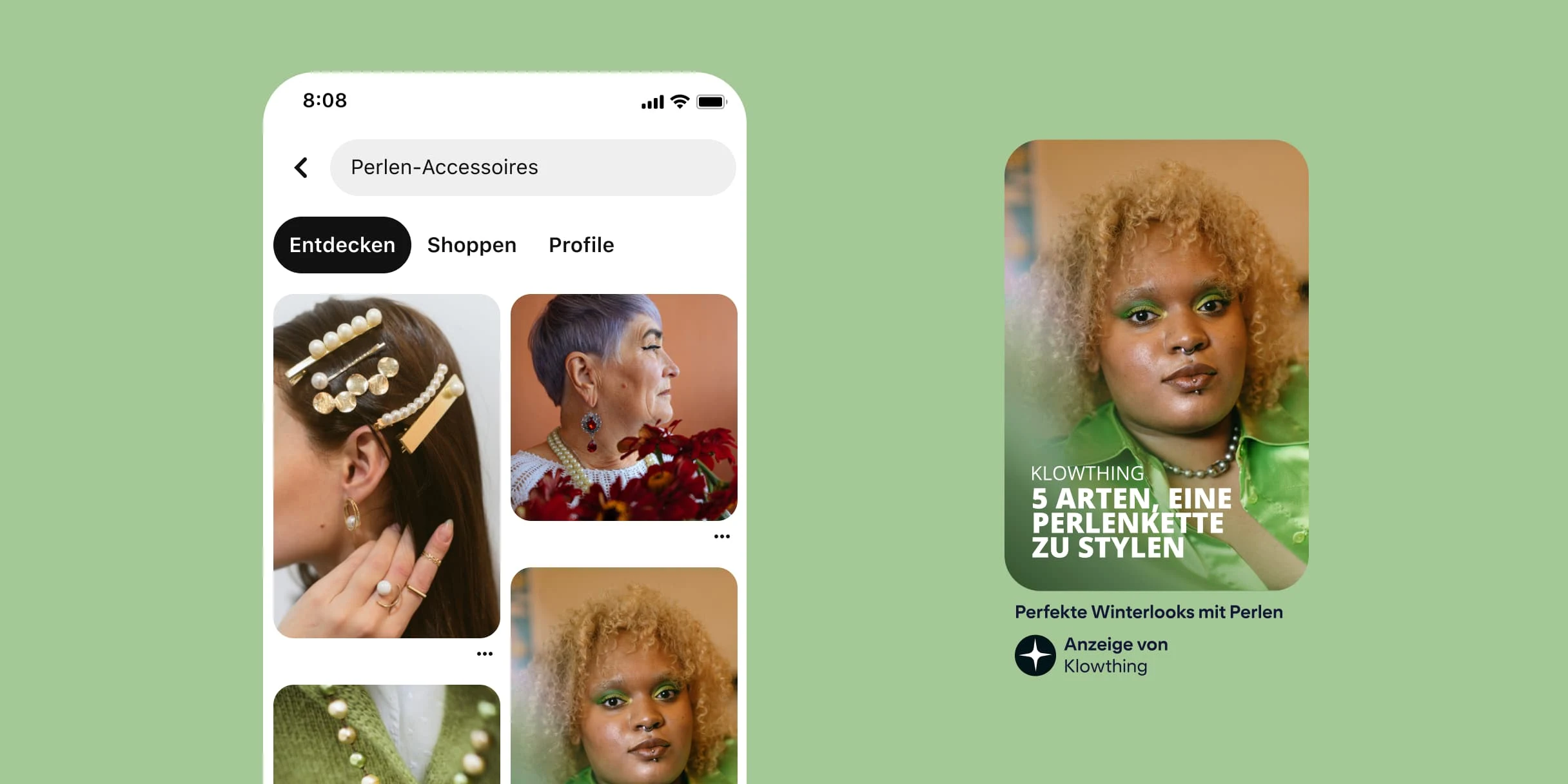 Pinterest-Suchergebnisse nach „Perlen-Accessoires“. Haare von der Seite, in denen verschiedene Haarspangen mit Perlen stecken. Eine Profilaufnahme einer älteren Frau mit Perlenketten und einem großen Ohrring in Silber mit roten Edelsteinen. Perlenketten über einer grünen Strickjacke. Ein Pin mit einer Schwarzen Frau mit blonden Haaren, einem grünen Oberteil und einer Perlenkette. Unten der Text „Klowthing. Fünf Arten, eine Perlenkette zu stylen“. Die Beschreibung lautet „Perfekte Winterlooks mit Perlen“.