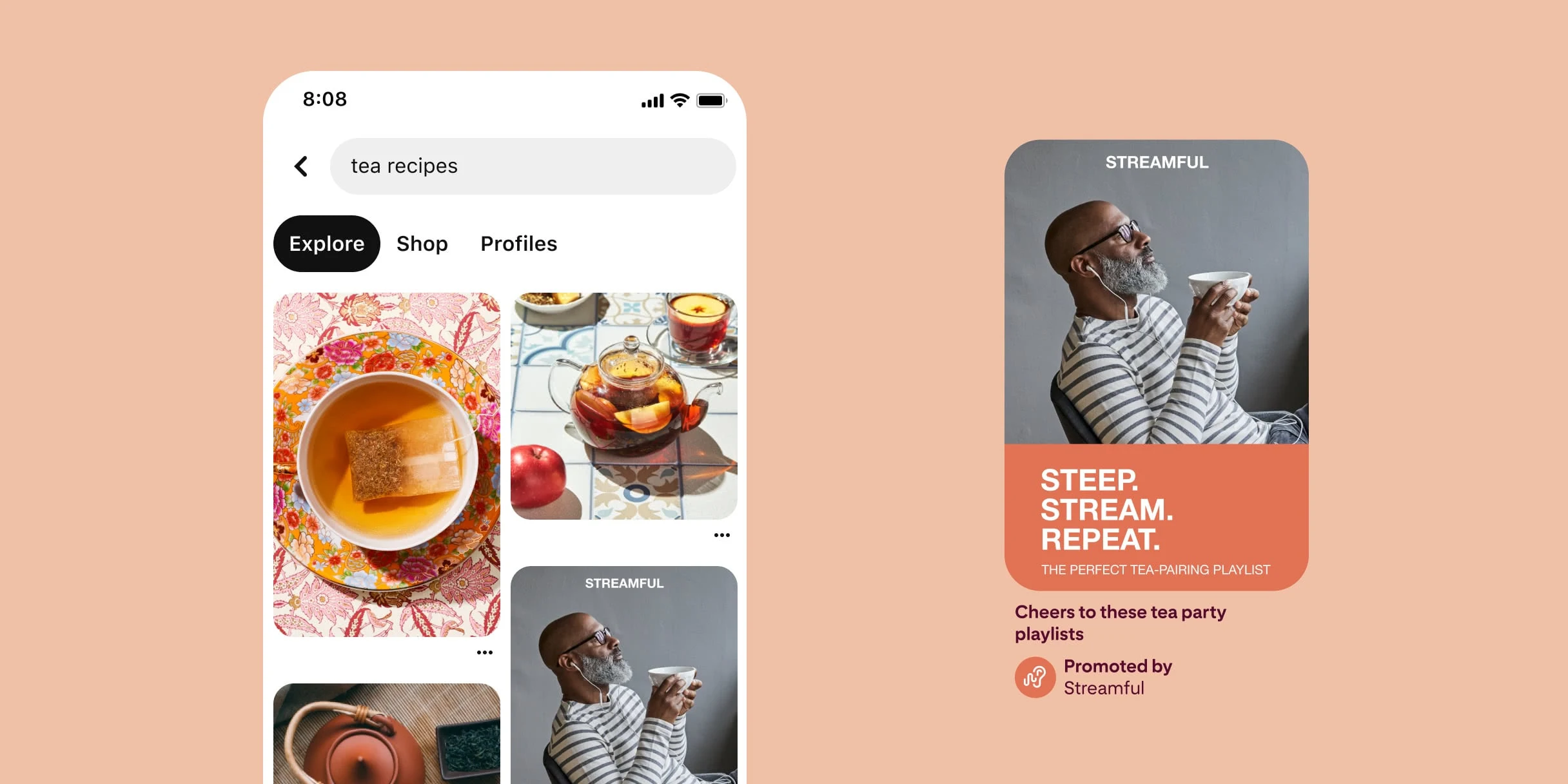 Pinterest search results for tea recipes. Top view of a teacup filled with tea and a teabag  over a colorful floral plate. Clear glass teapot filled with tea and apple slices. Top view of an orange cast iron tea kettle with loose tea next to it. Pin showcasing bearded black man with eyeglasses and earbuds holding a cup of tea. Text that reads steep. Stream. Repeat. The perfect tea-pairing playlist. Description reads cheers to these tea party playlists. 