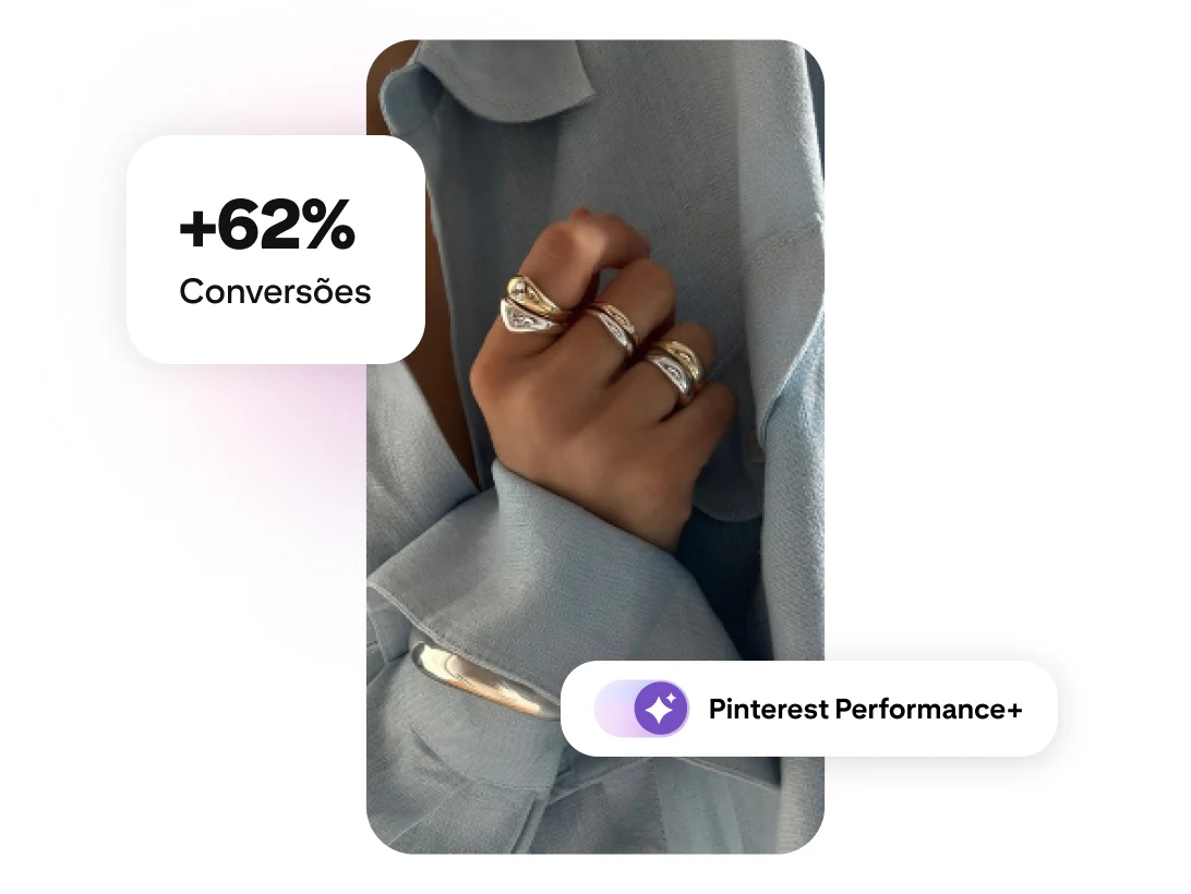 Uma mão cheia de anéis de ouro empilhados com uma etiqueta de aumento de 62% nas conversões e uma etiqueta do Pinterest Performance+