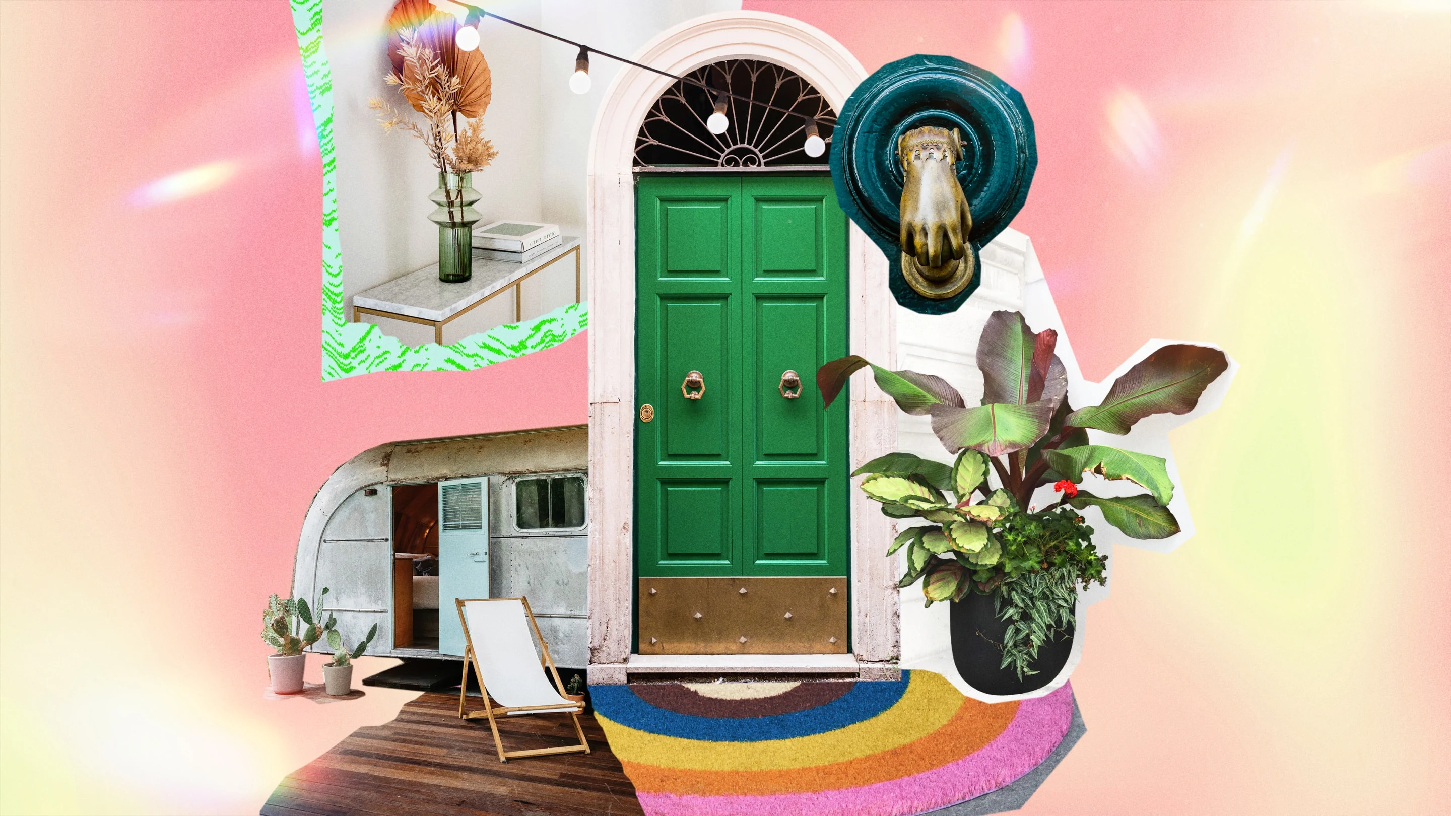 An eclectic collage featuring a bright green door surrounded by deconstructed images of a big plant, a bright rug, a hallway table and a camper van.