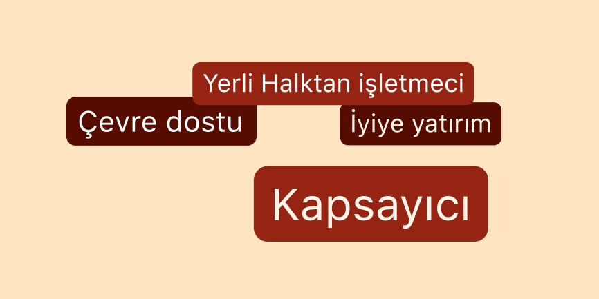 Her biri şu ifadelerden biriyle bej rengi bir arka plana yayılmış dört metin baloncuğu: Siyahi işletmeci, çevre dostu, iyiye yatırım ve kapsayıcı.