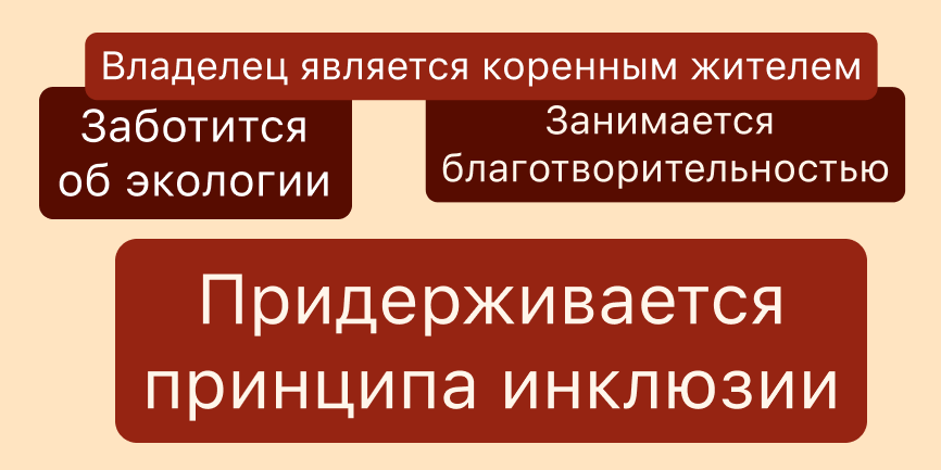 Четыре текстовых пузыря на бежевом фоне. Пузыри содержат следующие фразы: «Владелец является темнокожим», «Забота об экологии», «Благотворительность» и «Принцип инклюзивности».