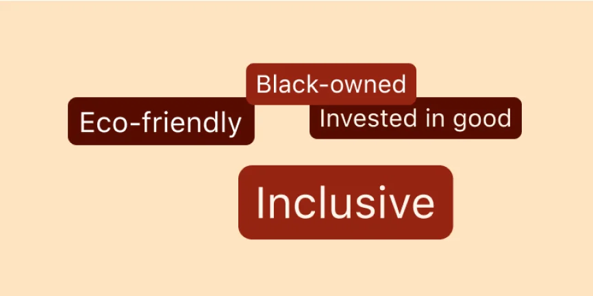 Four text bubbles scattered around a tan background  each with one of the following phrases: Black-owned, eco-friendly, invested in good and inclusive.
