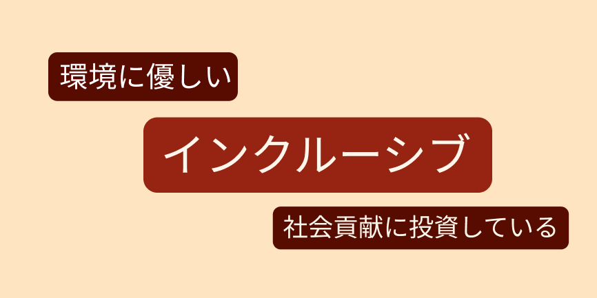 薄茶の背景に不規則に並んだ吹き出し 4 件：それぞれ、「黒人系オーナー」「環境に優しい」「社会貢献事業」「インクルーシブ」の文字入り。
