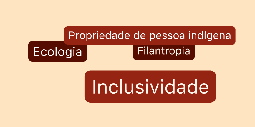 Quatro caixas de texto espalhadas num fundo castanho claro. Cada uma contém as seguintes frases: "Propriedade de pessoa de etnia negra", "amigo do ambiente", "filantrópico" e "inclusivo".