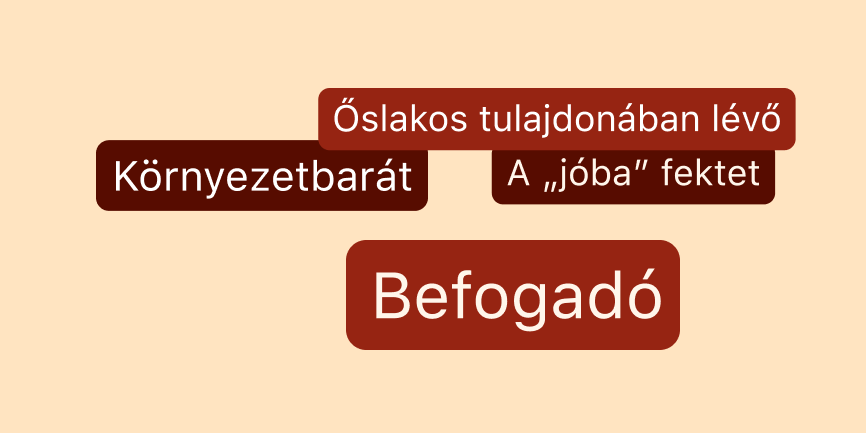Négy elszórt szövegbuborék cserszínű háttér előtt a következő feliratokkal: „fekete bőrű személy tulajdonában lévő”, „környezetbarát”, „a »jóba« fektet” és „befogadó”.