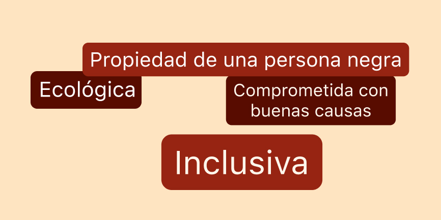 Cuatro burbujas de texto sobre un fondo beige en las que aparecen los siguientes textos: “propiedad de una persona negra”, “ecológica”, “comprometida con buenas causas” e “inclusiva”.