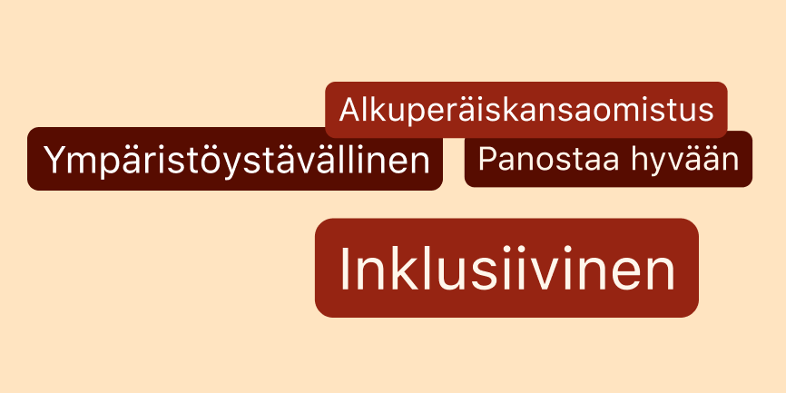 Neljä tekstikuplaa vaaleanruskealla taustalla, kuplissa seuraavat tekstit: musta omistus, ympäristöystävällinen, panostaa hyvään ja inklusiivinen.