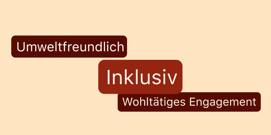 Vier Textblasen vor einem beigen Hintergrund mit folgendem Text: Black-owned, Umweltfreundlich, Wohltätiges Engagement und Inklusiv.