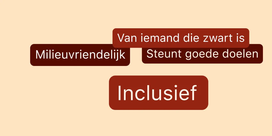 Vier tekstballonnen op een beige achtergrond met de volgende termen: 'Van iemand die zwart is', 'Milieuvriendelijk', 'Steunt goede doelen' en 'Inclusief'.