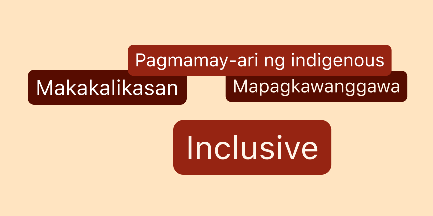 Apat na text bubble ang nakakalat sa isang tan na background na may mga sumusunod na parirala ang bawat isa: Pagmamay-ari ng Black, maka-kalikasan, mapagkawanggawa, at inclusive.
