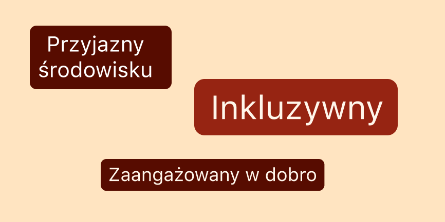 Cztery pola tekstowe rozrzucone na cielistym tle, w każdym znajduje się jeden z następujących zwrotów: właścicielem jest osoba czarnoskóra, dbałość o środowisko, zaangażowanie w dobro, inkluzywność.