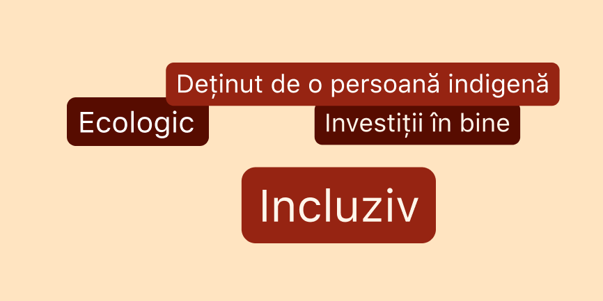 Patru bule de text împrăștiate pe un fond bej, fiecare cu una dintre următoarele expresii: Black-owned (deținut de o persoană de culoare), eco-friendly (ecologic), invested in good (investiții în bine) și inclusive (incluziv).