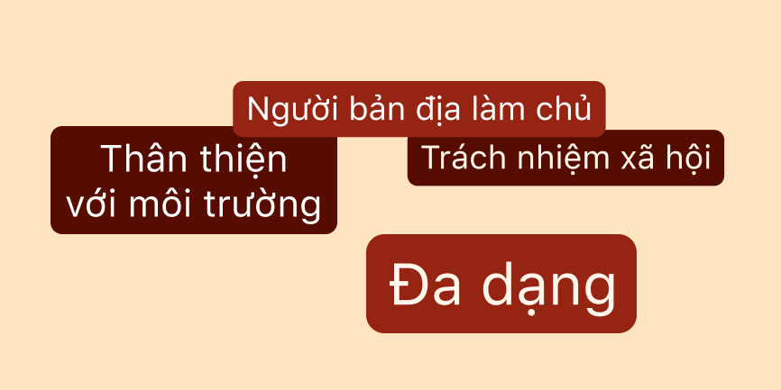Bốn bong bóng văn bản nằm rải rác quanh một nền nâu vàng, mỗi bong bóng hiển thị một trong những cụm từ sau: Người da đen làm chủ, thân thiện với môi trường, trách nhiệm xã hội và đa dạng.