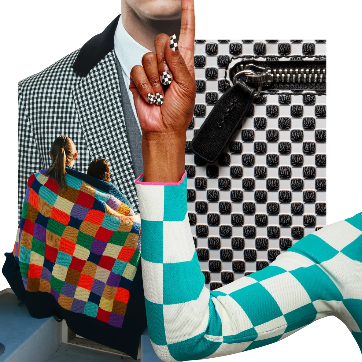 A Black woman’s hand is in the centre, with black and white chequered nails; the index finger is raised in a number one and the arm is in a long-sleeved green and white chequered shirt. A black and white chequered wallet and a man in a chequered suit with a black collar are in the background.
