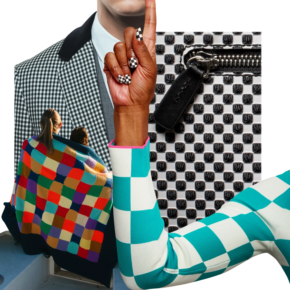 Main d’une femme noire vêtue d’un haut manches longues à damier vert et blanc, avec l’index levé et des ongles à damier noir et blanc. Portefeuille à damier noir et blanc. Homme en costume à damier avec un col noir.