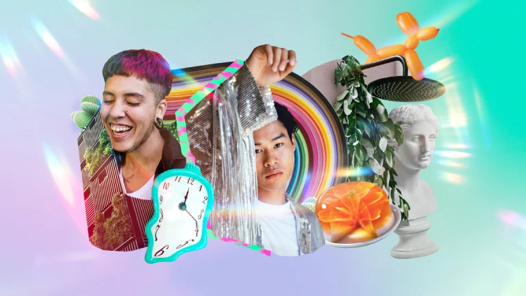 Collage mit einer Person mit zweifarbiger Frisur und einer anderen Person mit einer glitzernden Fransenjacke, umgeben von einer willkürlichen Ansammlungen von Grafiken, die im gesamten Trends-Bericht verwendet werden.