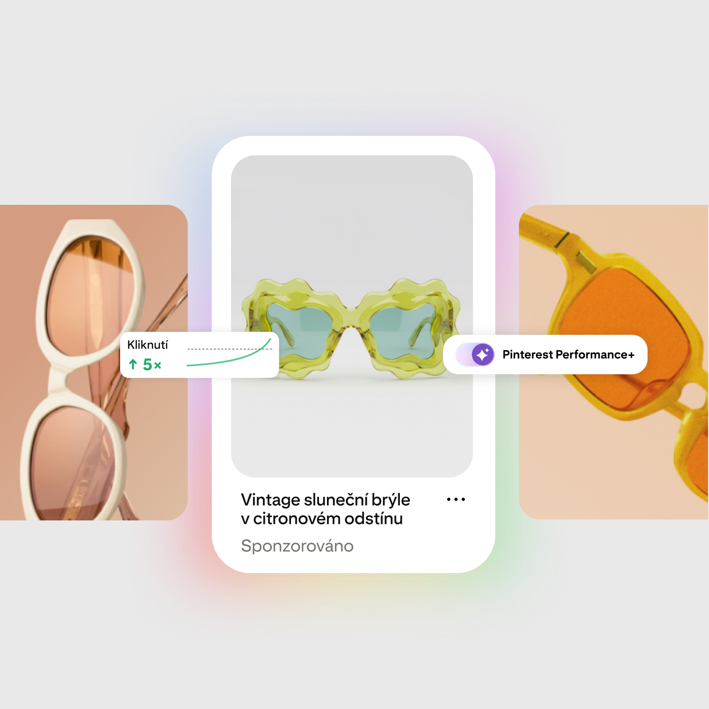 Sponzorovaný pin na Pinterestu pro sluneční brýle „Vintage sluneční brýle v citronovém odstínu“ s pětinásobným nárůstem kliknutí, označený Pinterest Performance