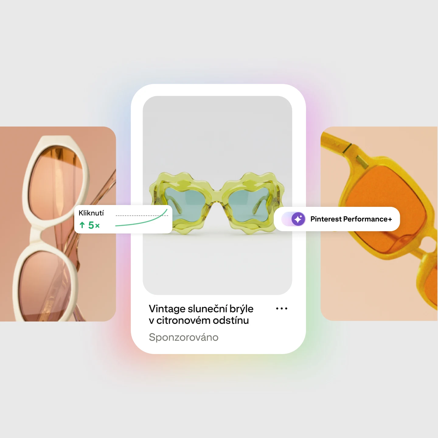 Sponzorovaný pin na Pinterestu pro sluneční brýle „Vintage sluneční brýle v citronovém odstínu“ s pětinásobným nárůstem kliknutí, označený Pinterest Performance