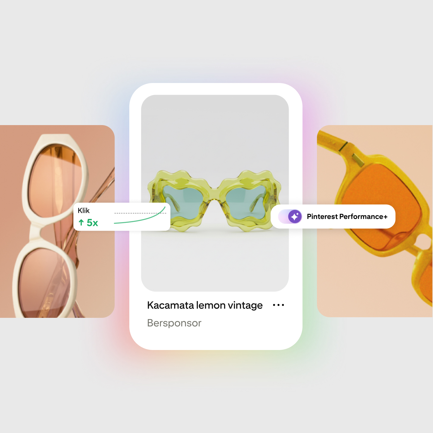 Pin Pinterest bersponsor untuk kacamata hitam "kacamata lemon vintage" menunjukkan peningkatan klik 5 kali lipat, dengan label Pinterest Performance